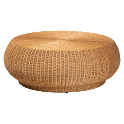 bali & pari Beatriz Natural Rattan Coffee Table : Handwoven Wicker Accent Table with Sculptural Drum Silhouette and Round Tabletop for Living Room or Sunroom